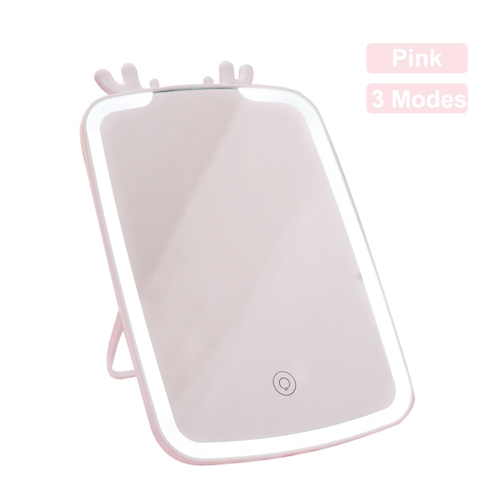 LED Makeup Mirror with touch screen and USB charging, featuring adjustable brightness and angle, available in white and pink.